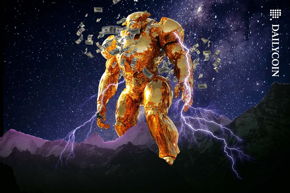 Gigantic golden creature coming over a mountain range with money circulating around it.