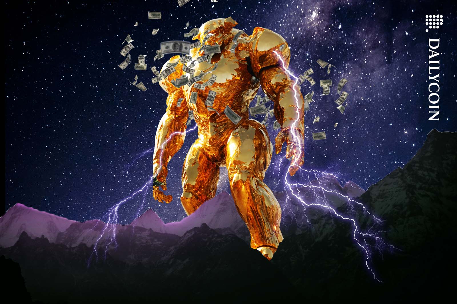 Gigantic golden creature coming over a mountain range with money circulating around it.