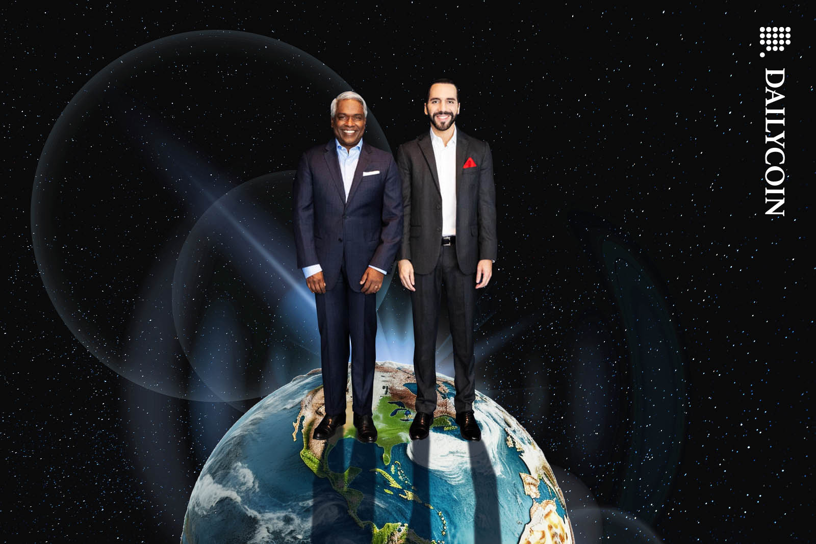 Nayib Bukele with a google boss standing on top of the world.
