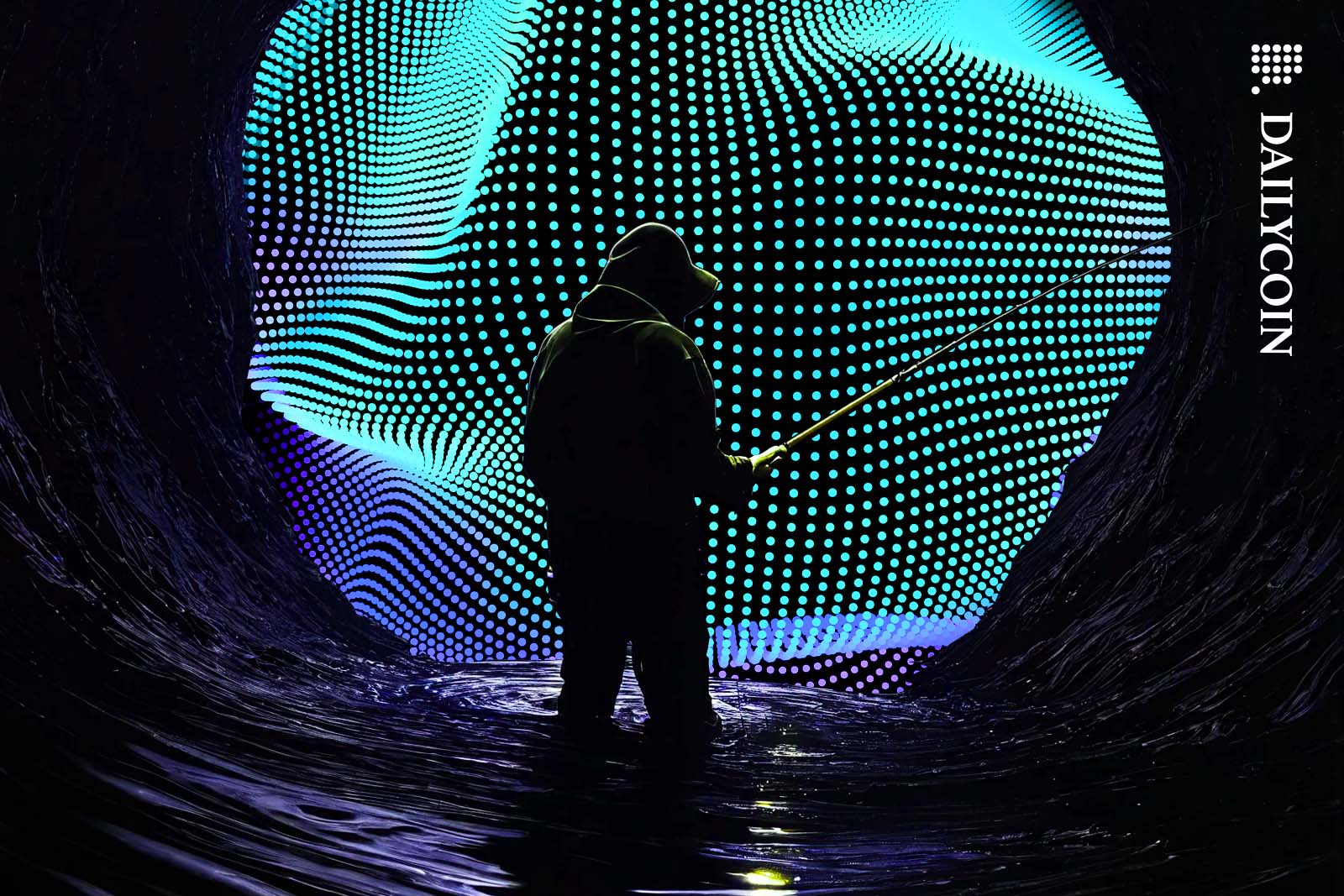Dark hooded silhouette of a fisherman in front of a digital black hole.