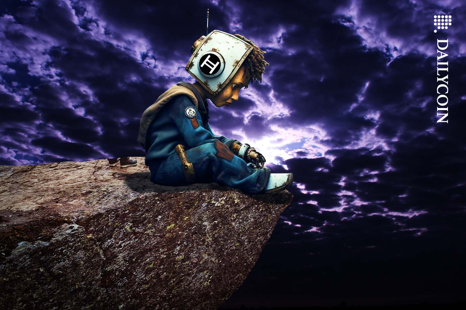 Sad boy with a Hedera helmet looking down from a cliff into the deep.