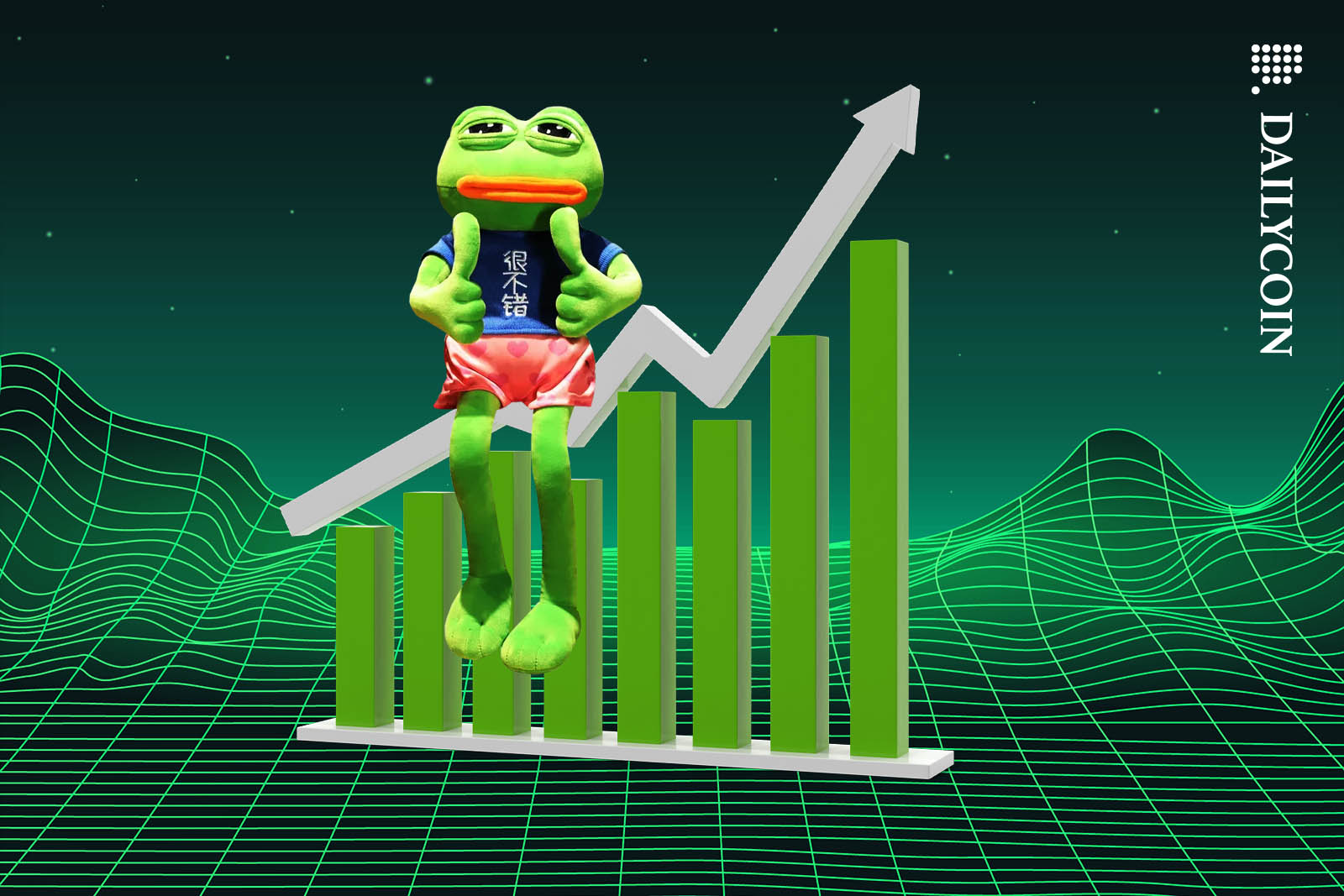 Pepe the frog sitting on a green upwards chart in a wireframe landscape.