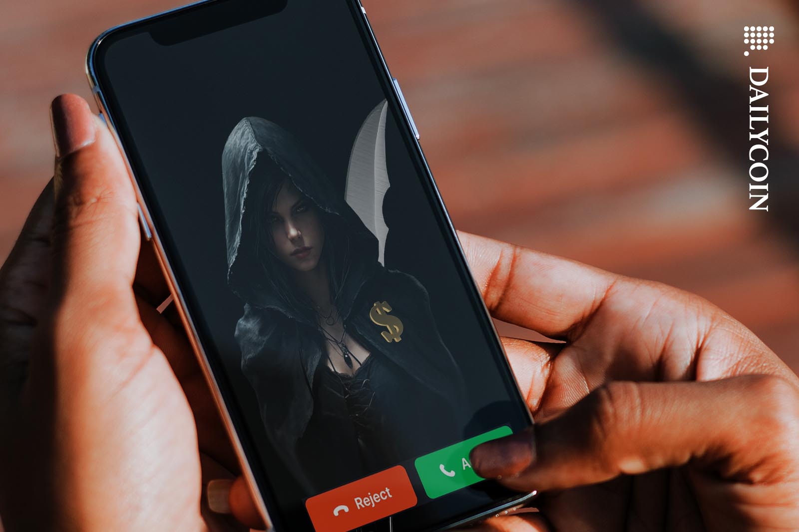 A woman about to answer a phone to an evil looking but pretty scammer.