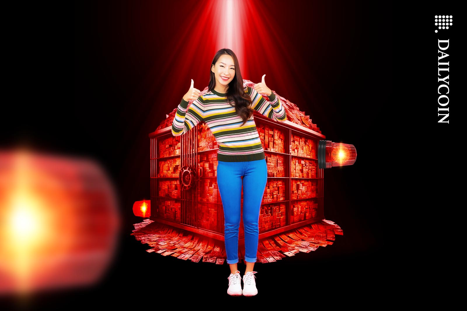 Asian girl showing the thumbs up in front of a cage full of money, surrounded by red warning lights.