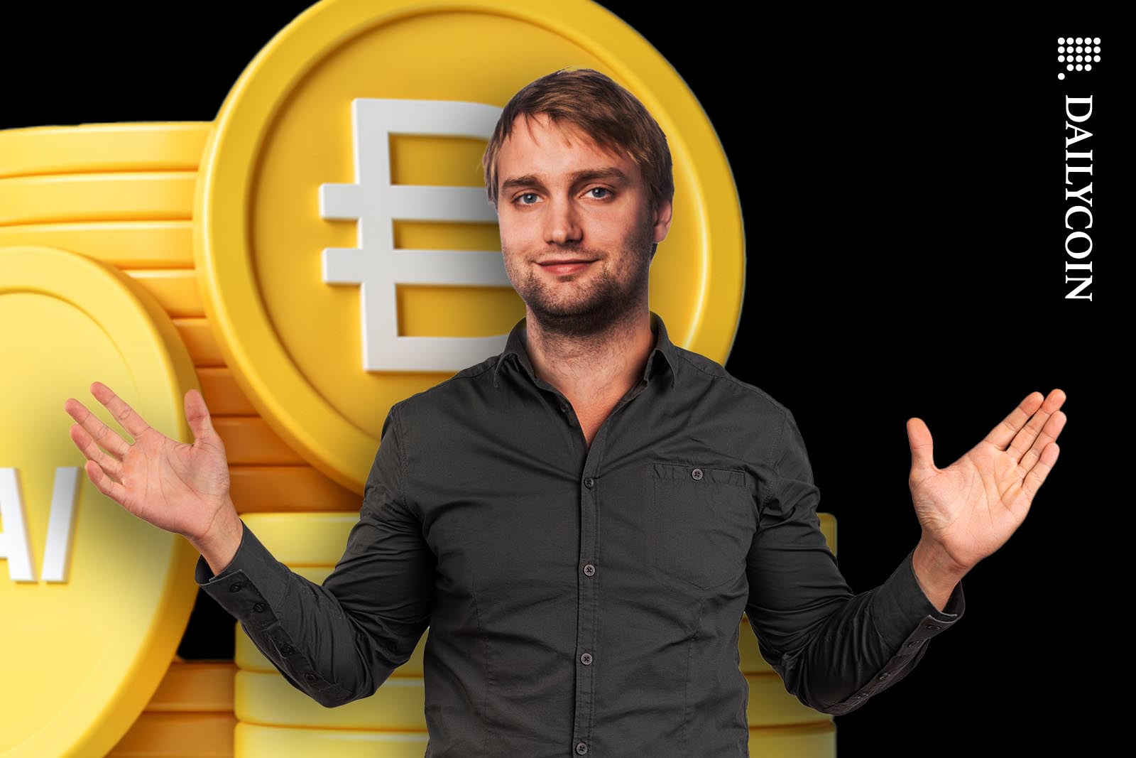 Rune Christensen shrugging his shoulder in front of a pile of DAI coins.