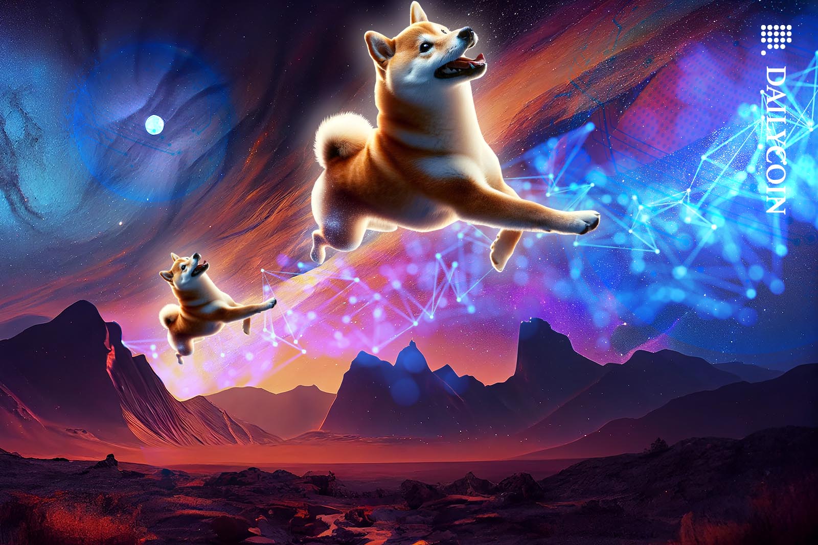 Two Shiba Inu dogs running across the sky over a mountain range.