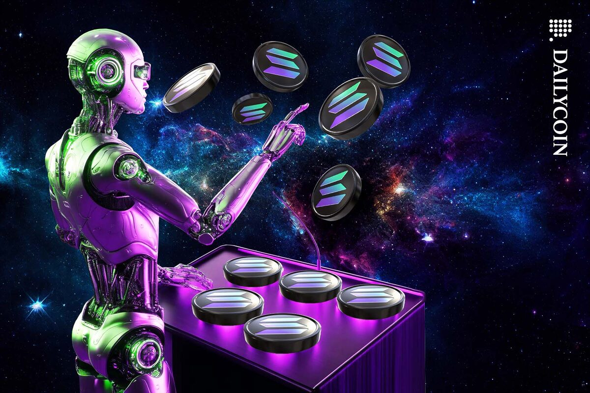A robot auctioneer auctioning off Solana coins in space.