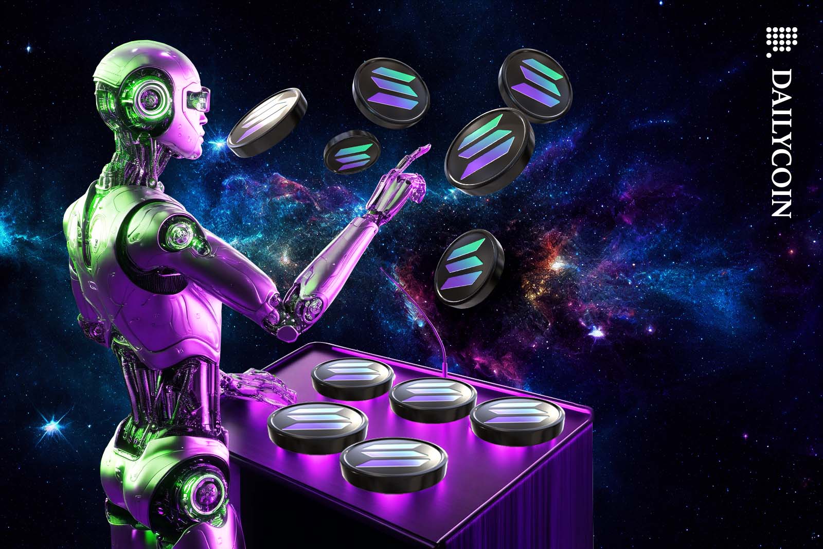 A robot auctioneer auctioning off Solana coins in space.