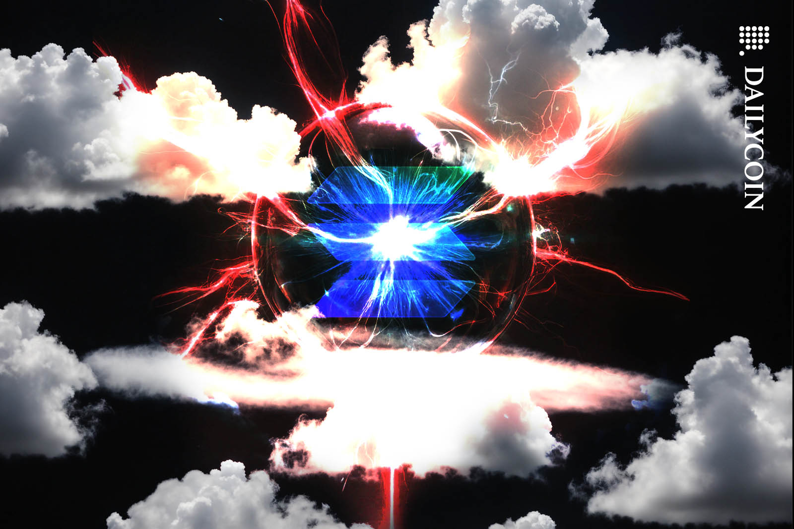 A big energy sphere with a Solana logo on it on a black sky with white clouds.