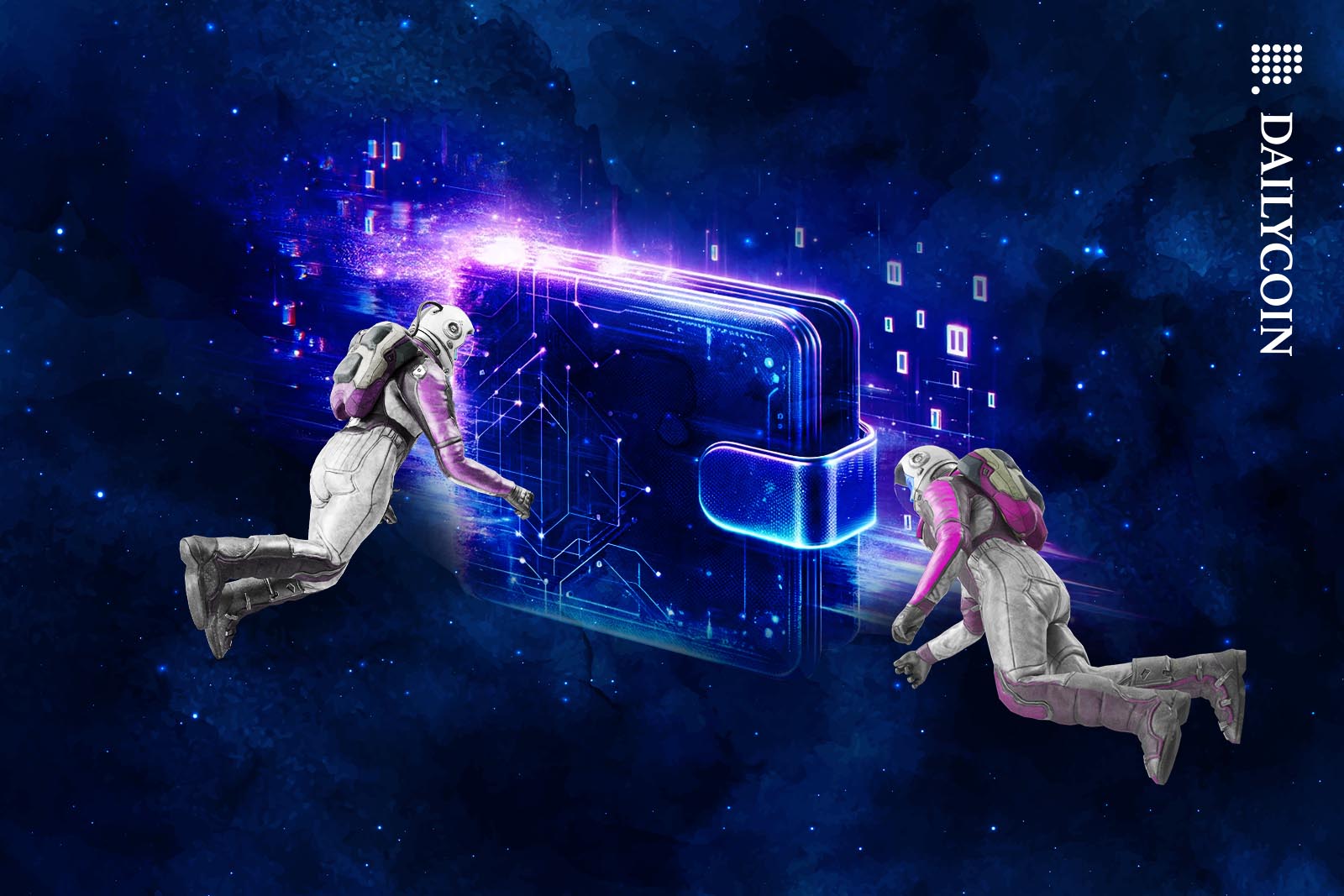 Digital wallet being examined by two astronauts in space.