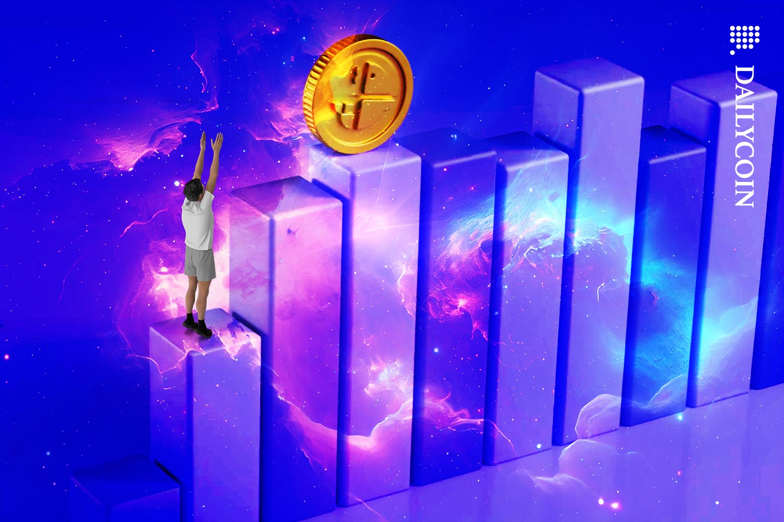 Swaap finance coin rolling on top of a bar chart, man ready to catch it.