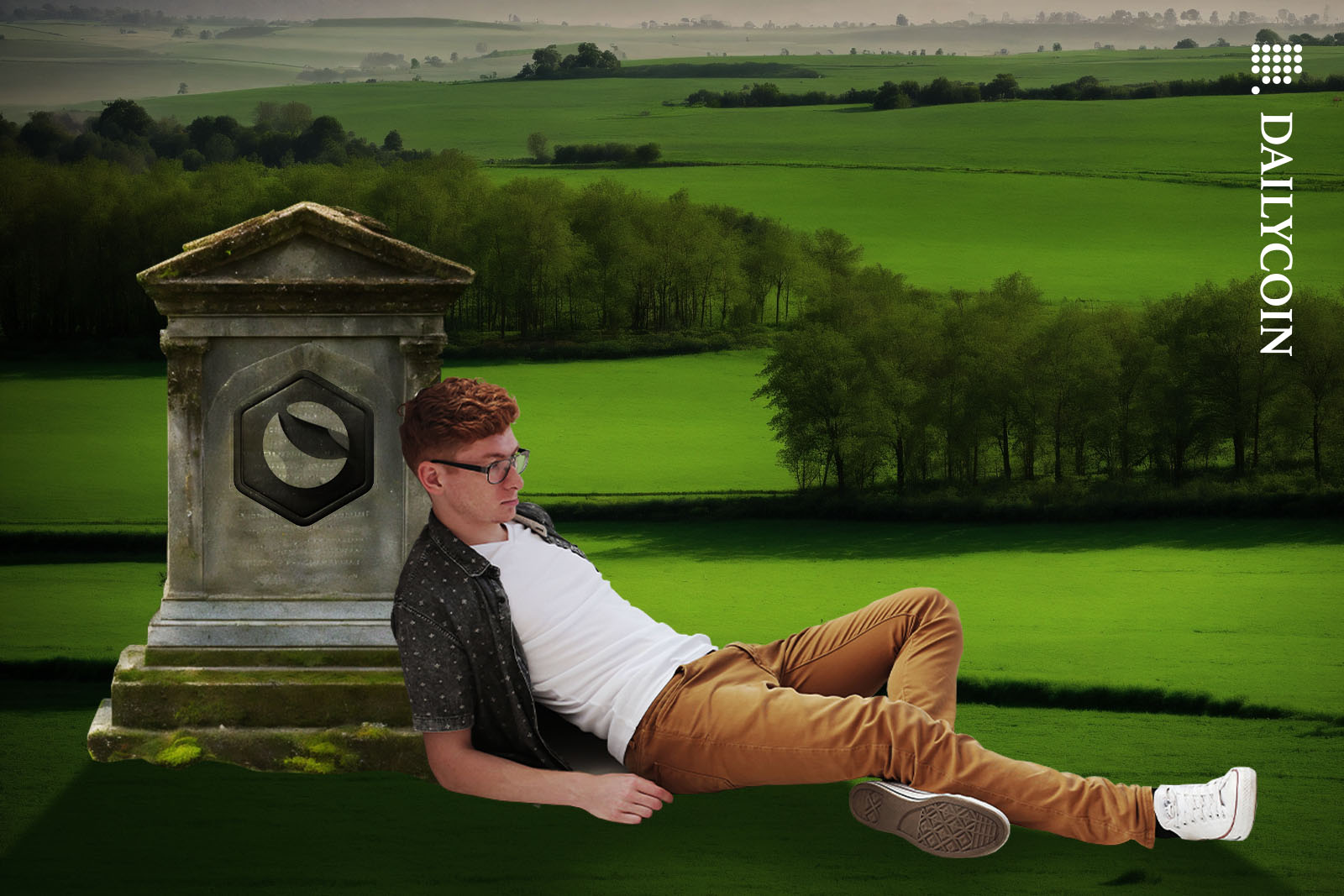 Man waiting by by a grave stone for Terra Luna to resurrect.