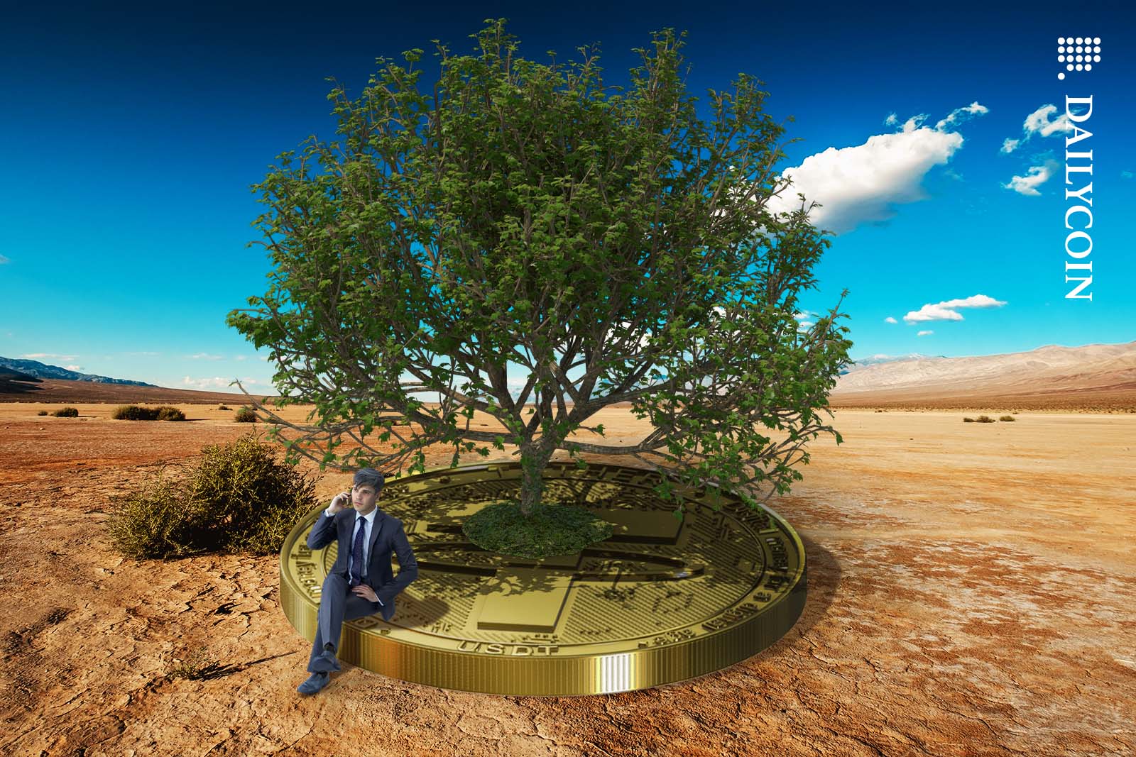 Business man sitting on a Tether coin, witch has sprouted into a tree.