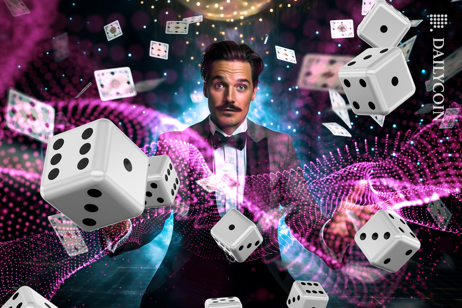 Guy throwing digital dice and cards.