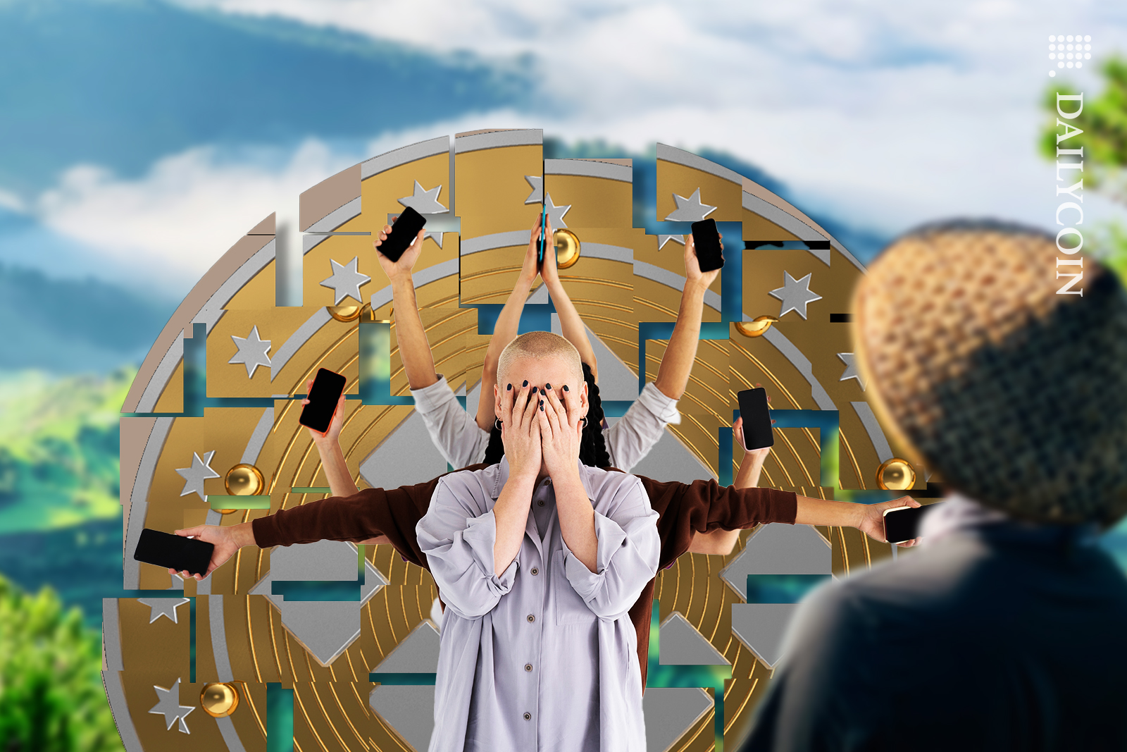 Hands in air with mobile phones and a girl is covering her face in disbelief. Binance logo is breaking up into pieces in Asia.