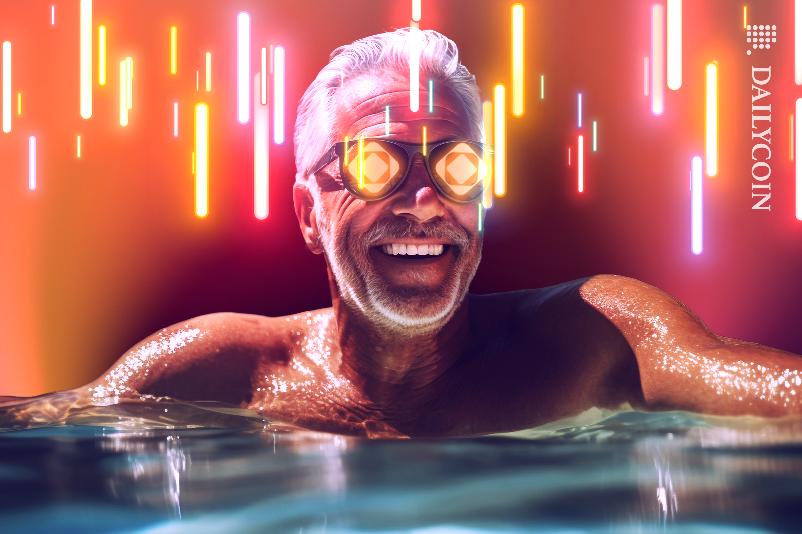 Man in the pool enjoying new vision of SAGA.xyz.