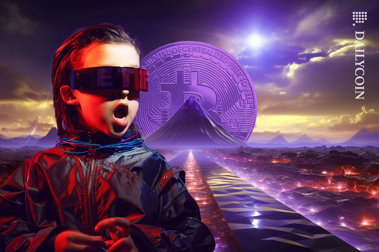 Girl sees Bitcoin ETF on magical pyramid land.