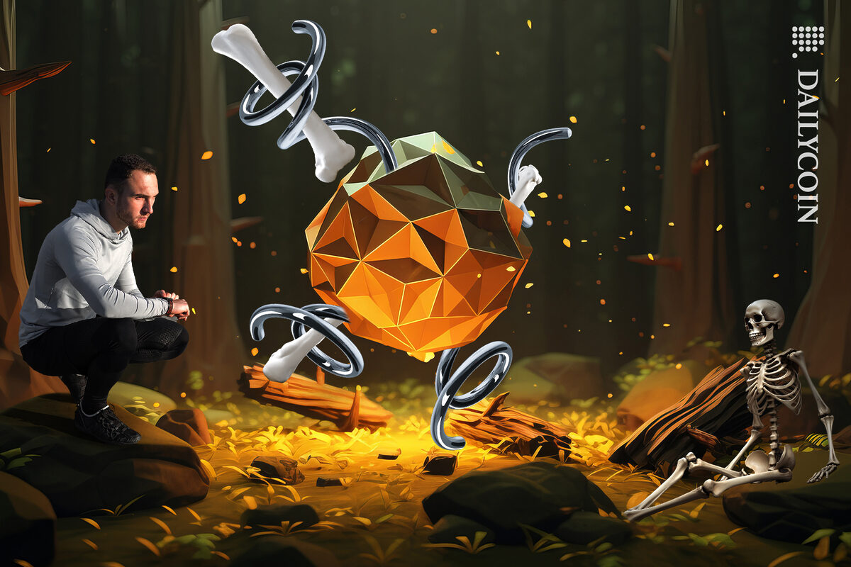 A guy and a skeleton sitting watching a digital DEFi bubble sprout bones.