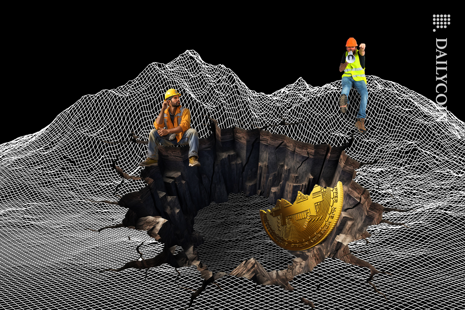 Miner taking a break as a half a bitcoin is in a ditch.
