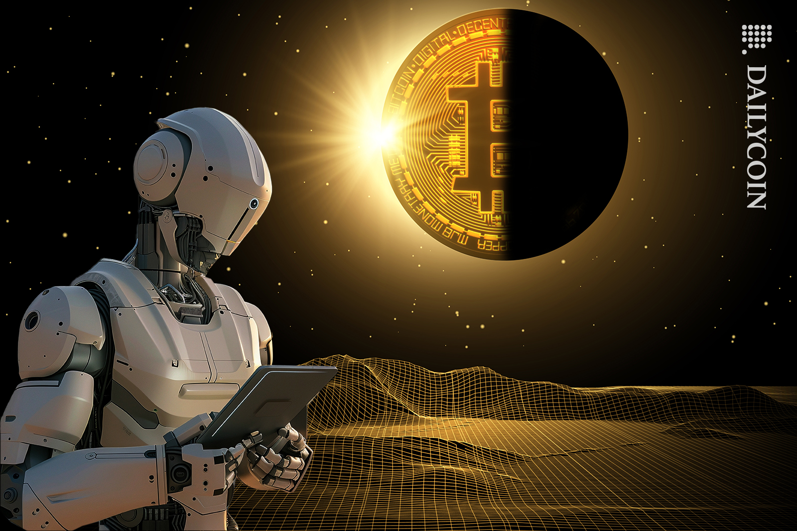 Robot analysing Bitcoin halving.