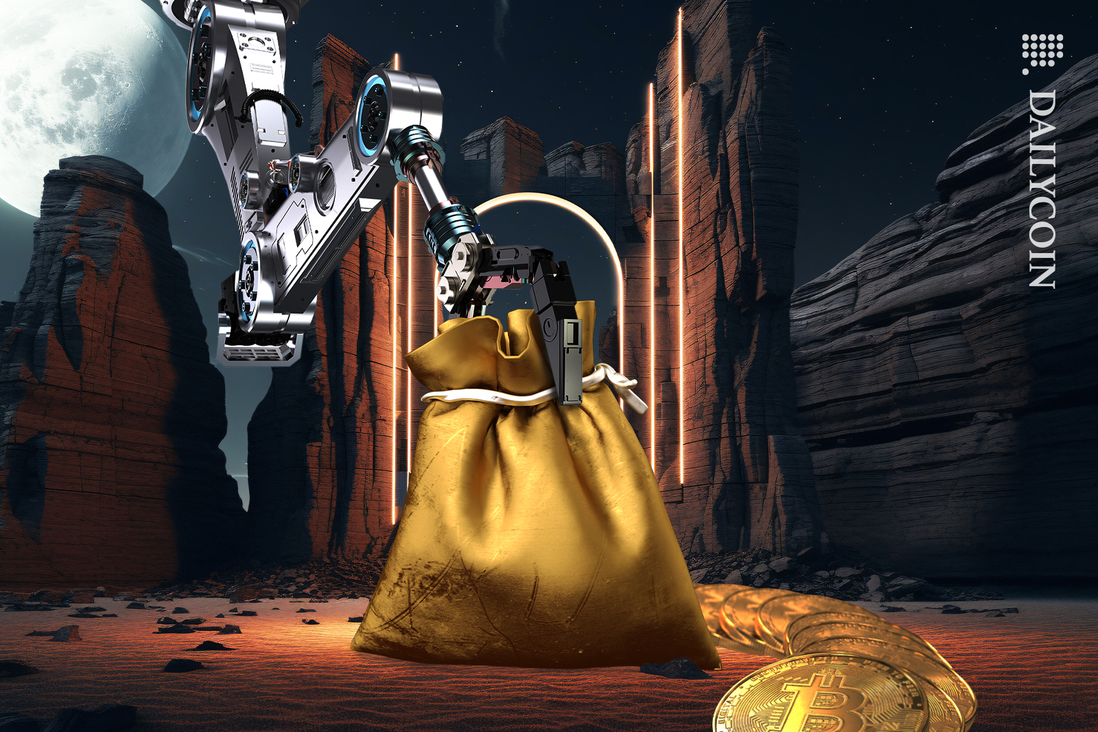 Mechanical arm dropping a bag of bitcoins on a deserted land.