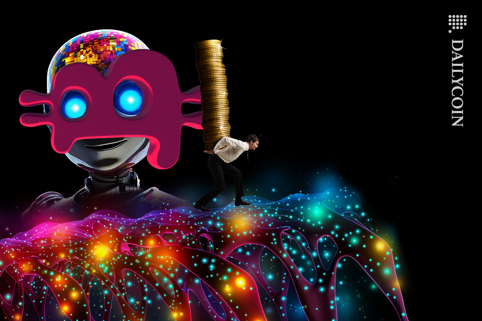 Bitcoin god like robot watching man carrying its coins slowly going up.