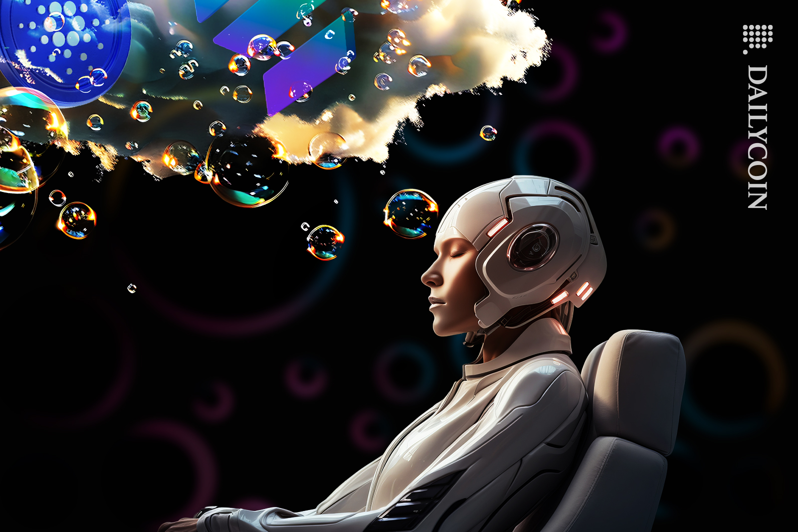Woman with a futuristic helmet trying to predict between Solana and Cardano.