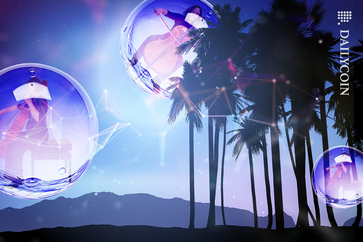 Digital bubbles of people playing the cello.