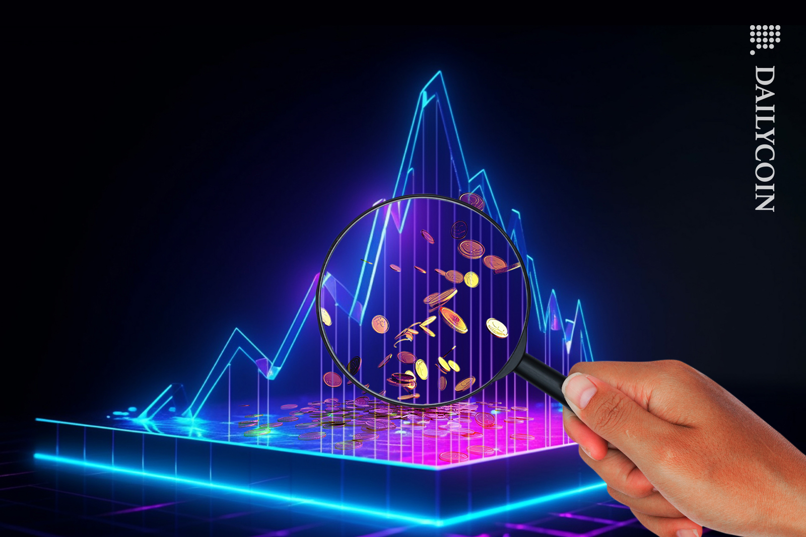 Hand taking a close look at the crypto coins.