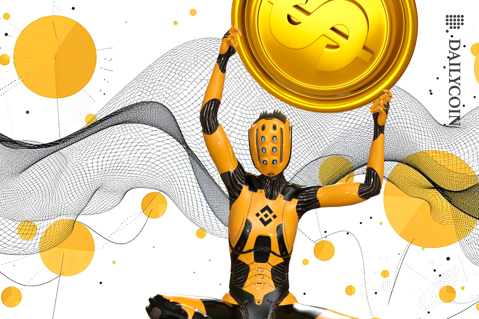 Binance robot holding a dollar stablecoin.