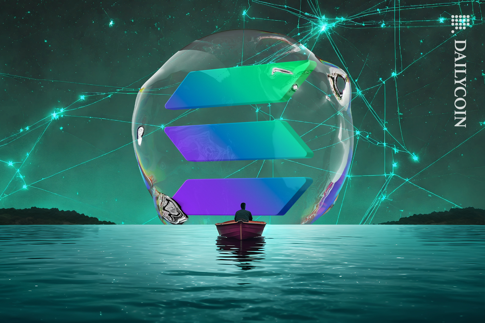 Guy sitting on a boat looking up at the digital network night sky of Solana.