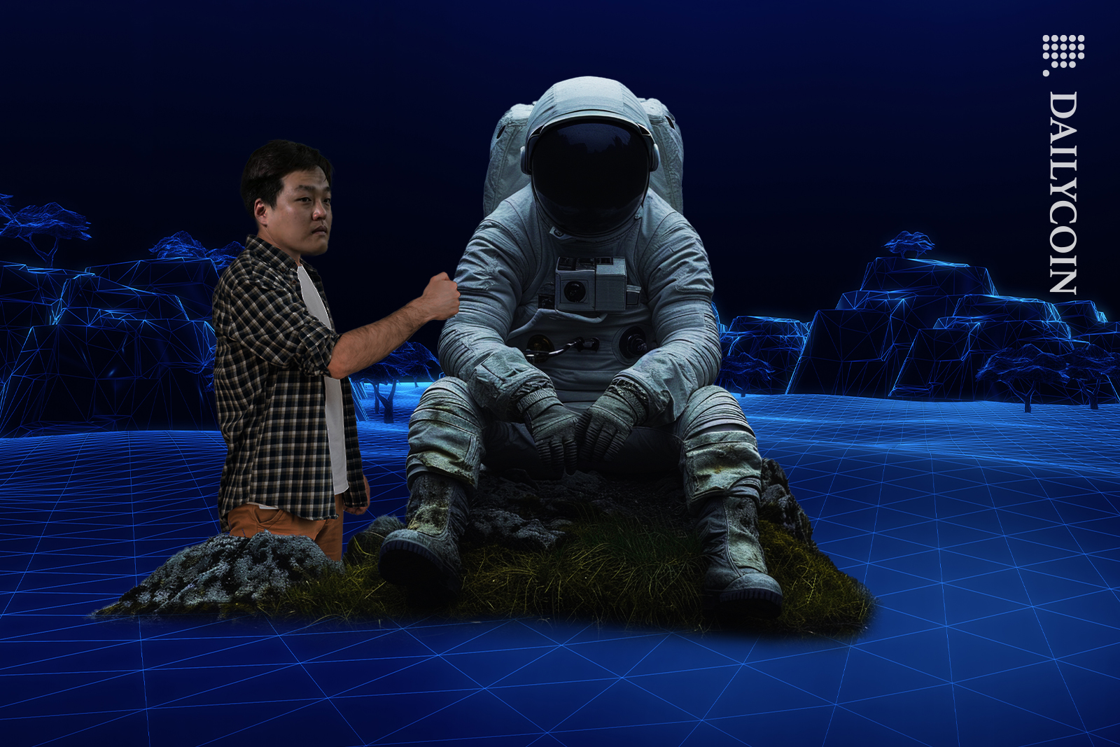Do Kwon punching a sad spaceman on dark digital land.
