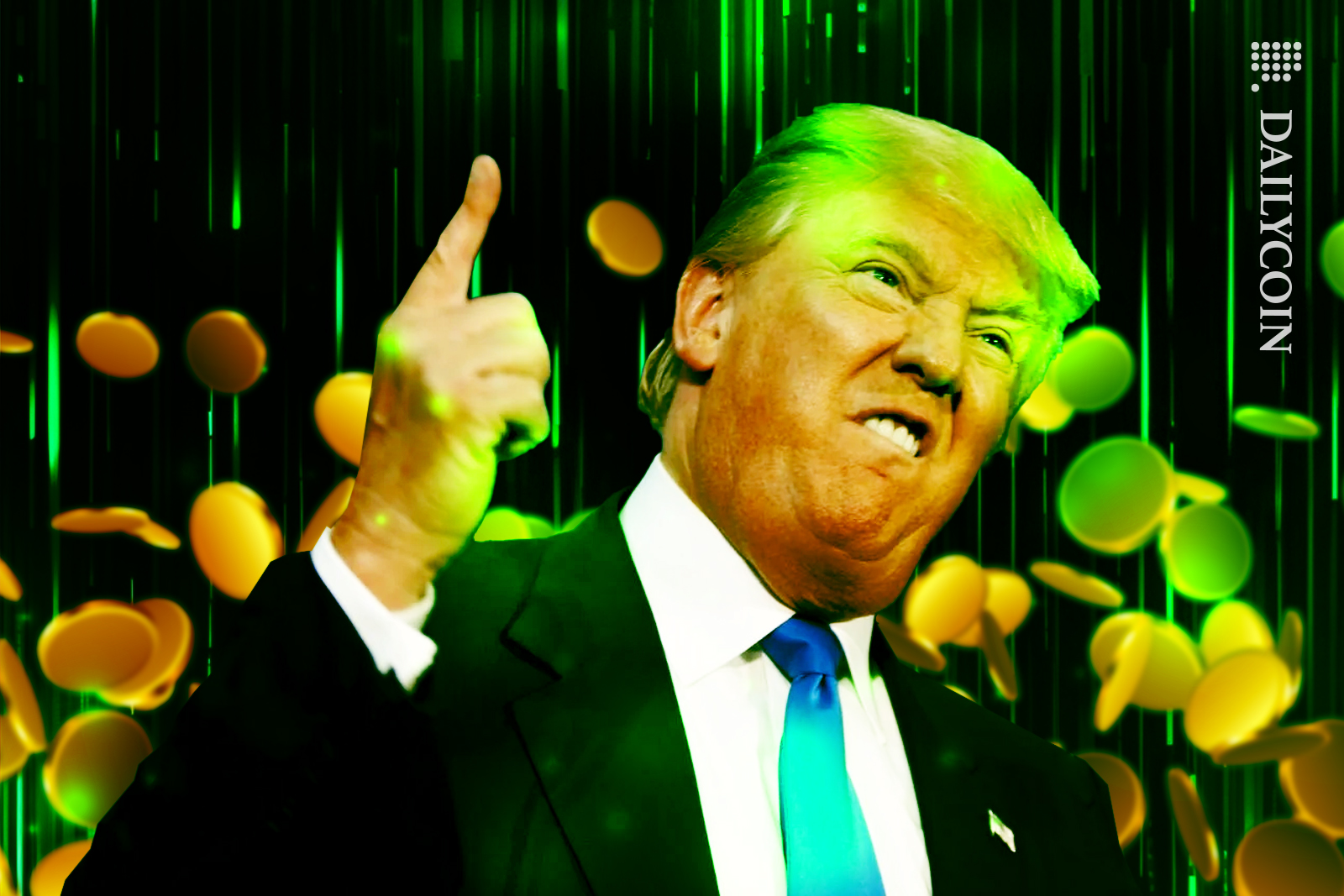 Donald Trump Celebrating his coins going up in the green.