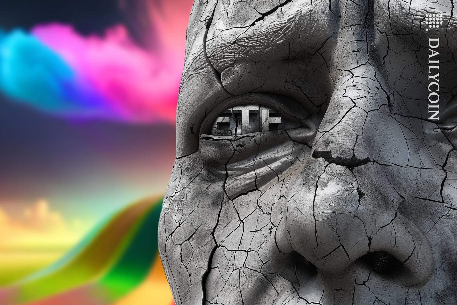 A broken mans face made of stone seeing a hope of ETF.