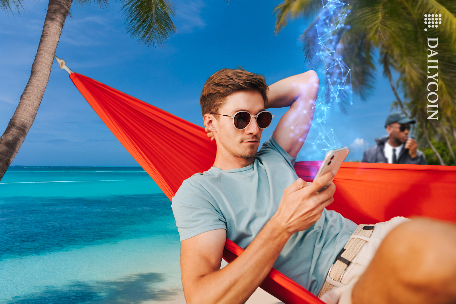 Guy using Crypto services on a beautiful beach and a security guy is reporting him.