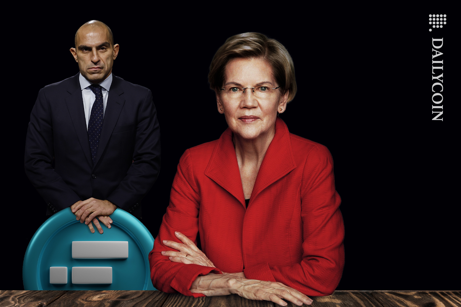 Rostin Behnam standing behind Elizabeth Warren smirking and holding an FTX coin.