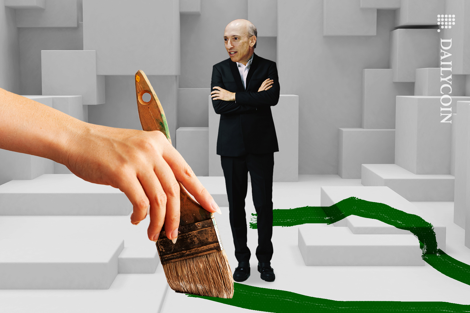 A hand is painting a circle around Gary Gensler, cornering him.