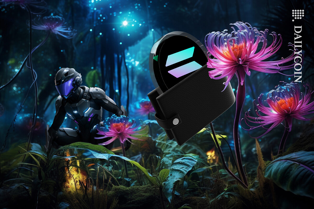 Robot sees a Solana wallet in the beautiful forest.