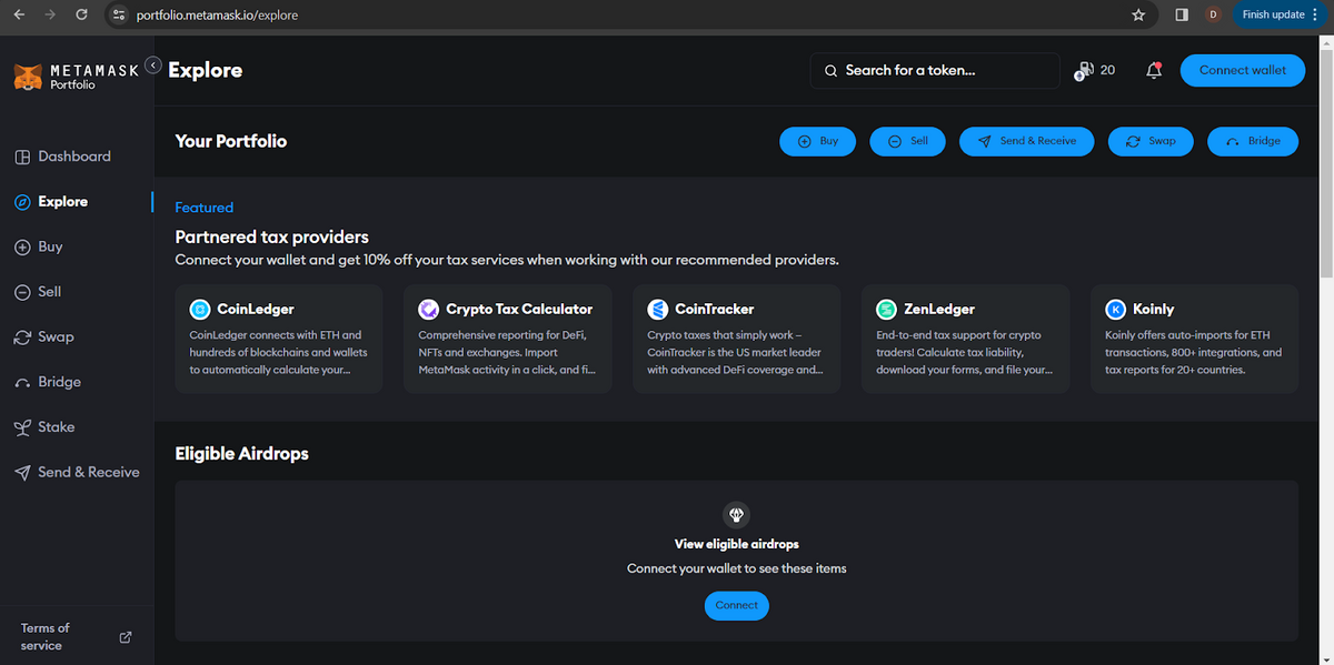 Screenshot of MetaMask Portfolio Explore Tab showing the Eligible Airdrops section at the bottom.