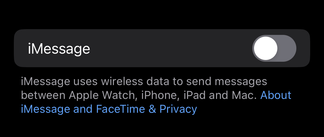 Screenshot of the feature toggled off to prevent exposure to the iMessage exploit.