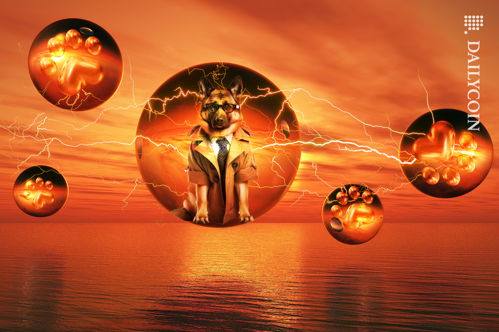 Shiba Inu is feeling electric floating above water on a sunset.