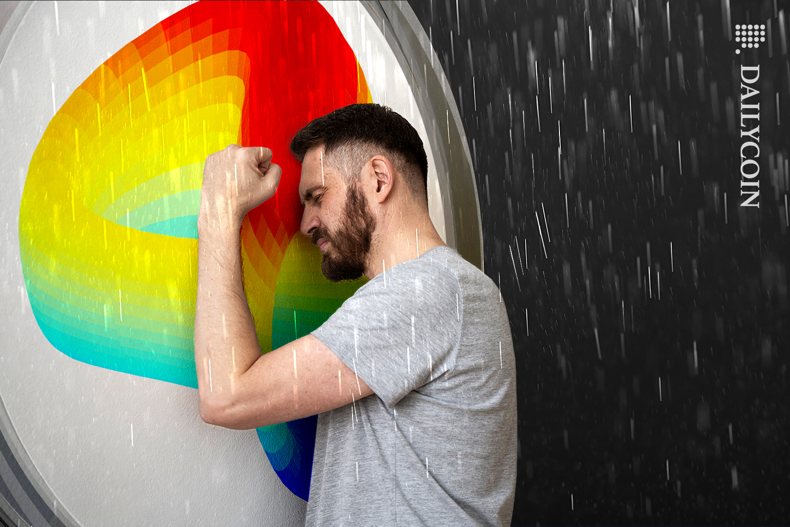 Guy feeling broken in the rain banging on a Curve token.