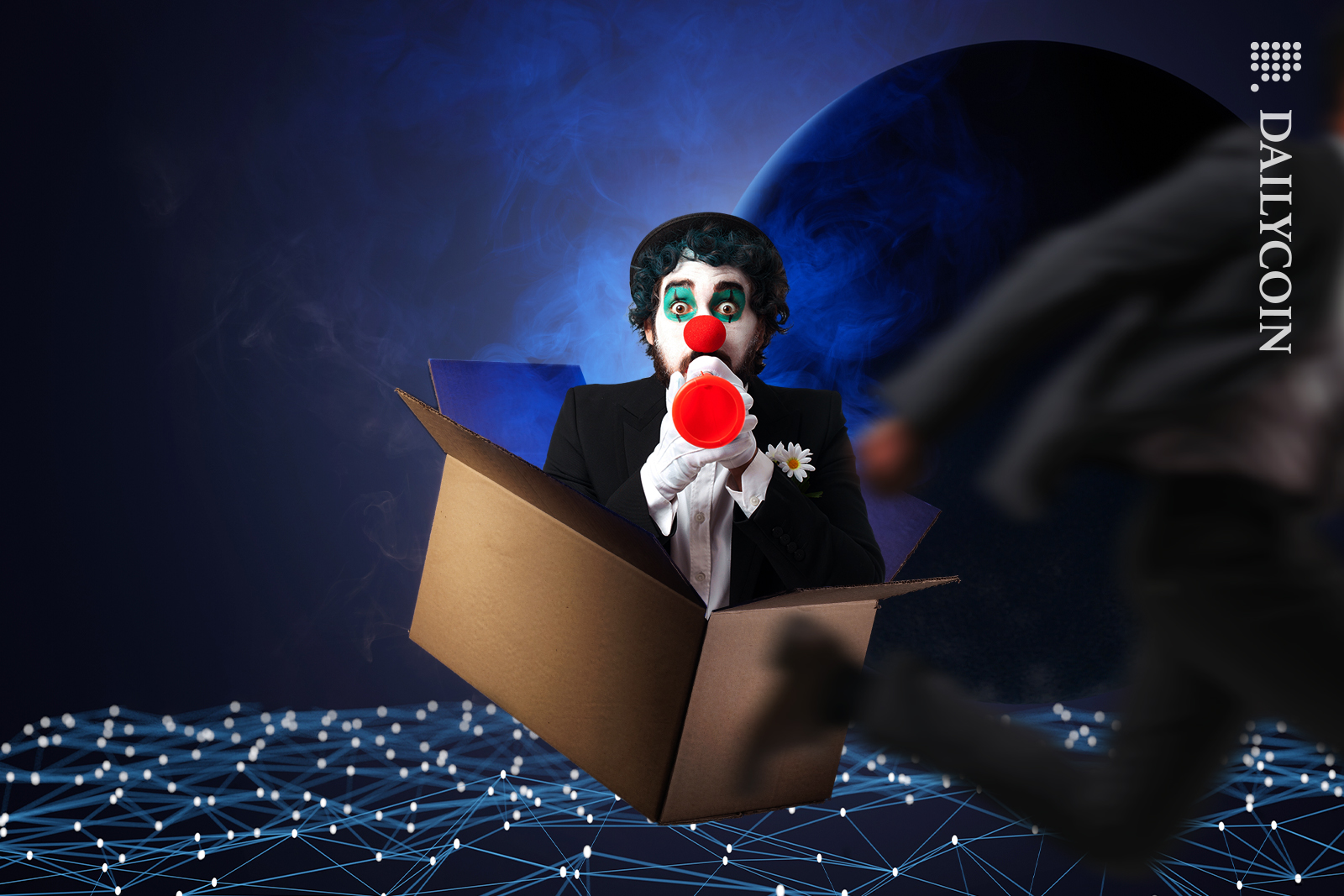 Guy running away from being scared of ''jack in the box'' on digital land.