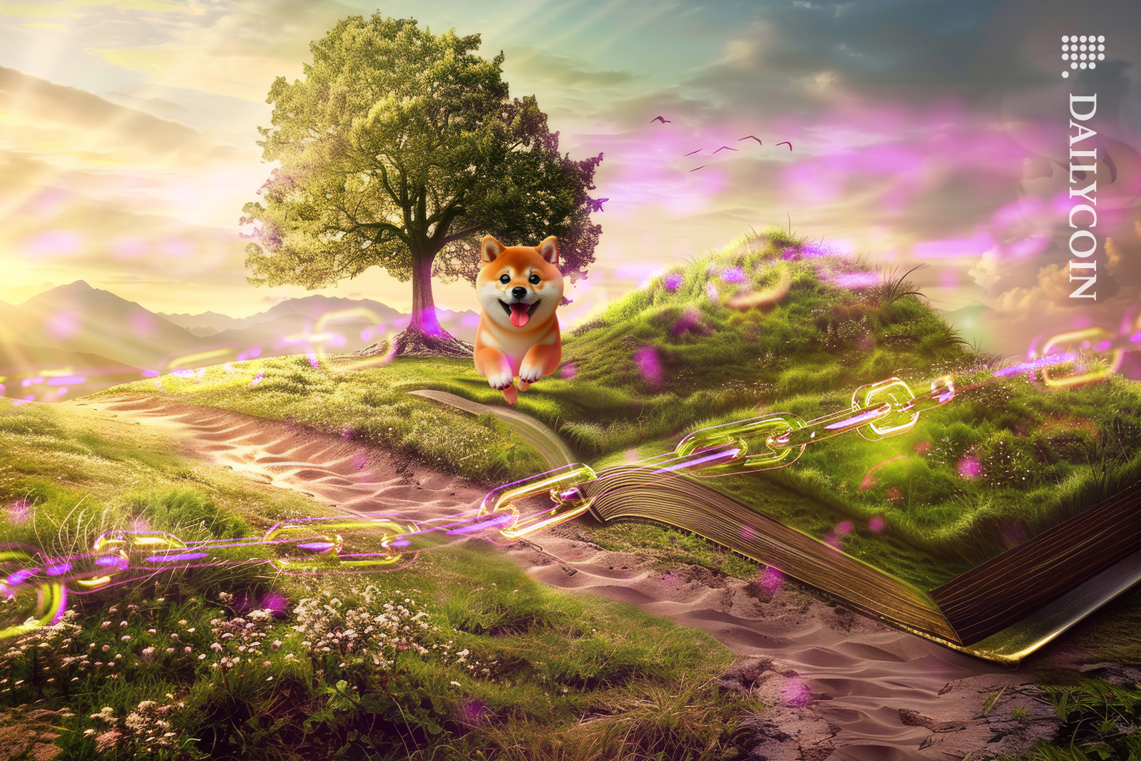 Shiba inu running towards a digital chain.