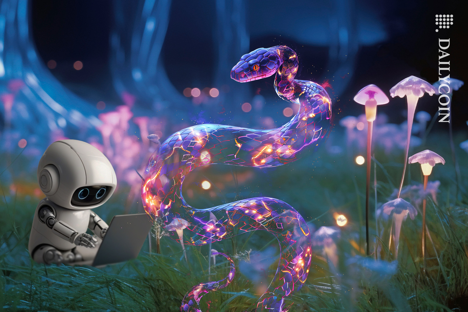 Little robot with a digital magical snake.