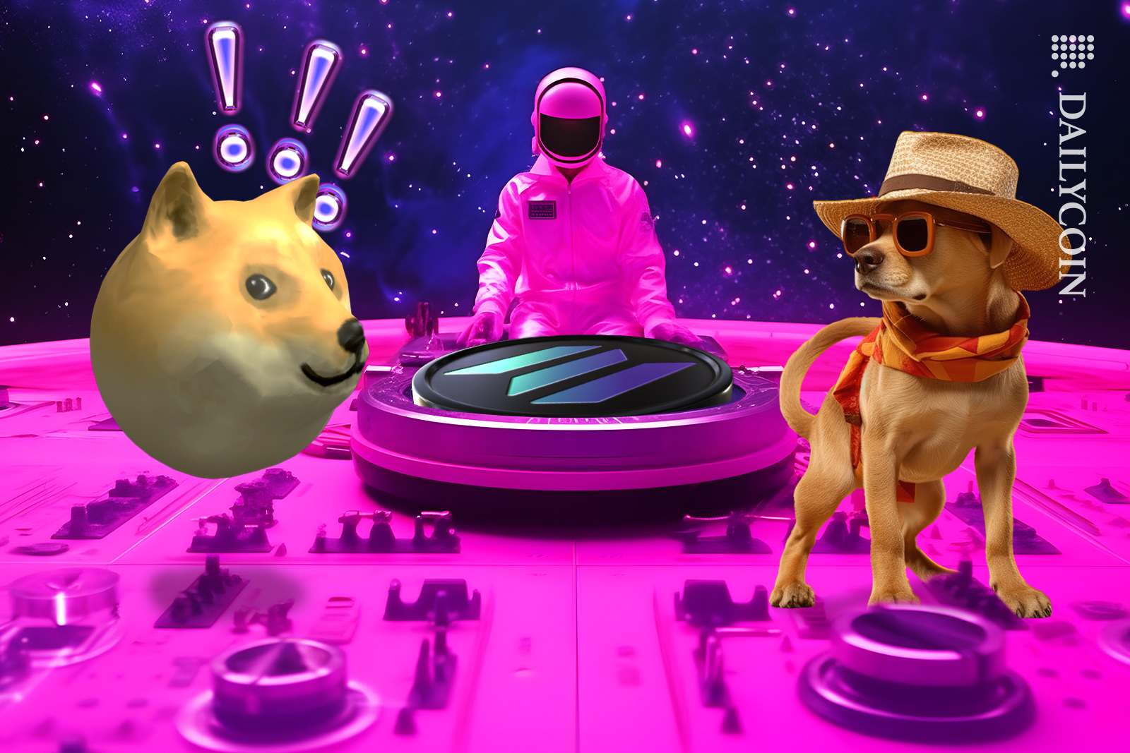 Dog with hat up againts Bonk in a dance of for SOLANA.