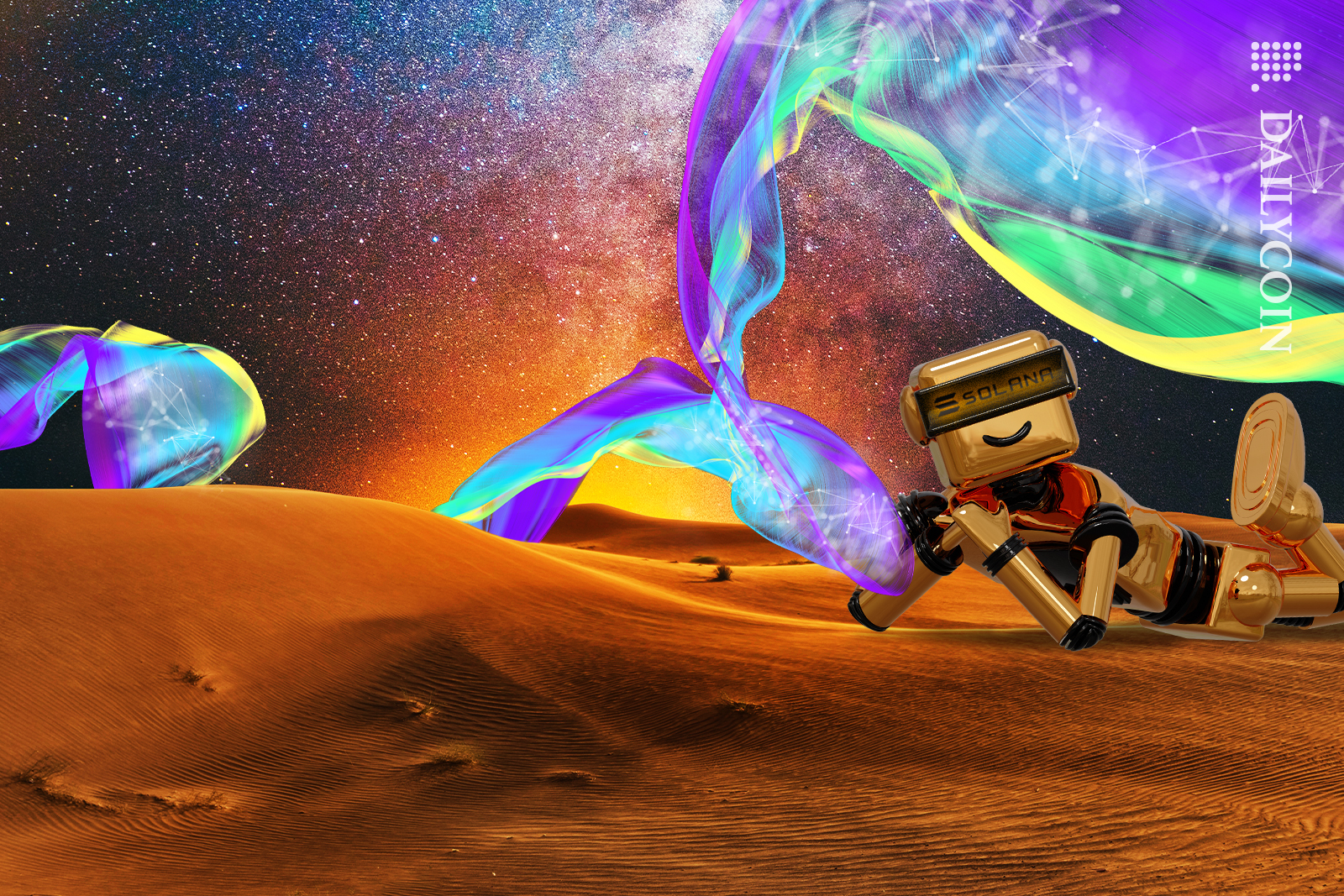 Solana Robot laying on the land looking up at the colourful blockchain wave.