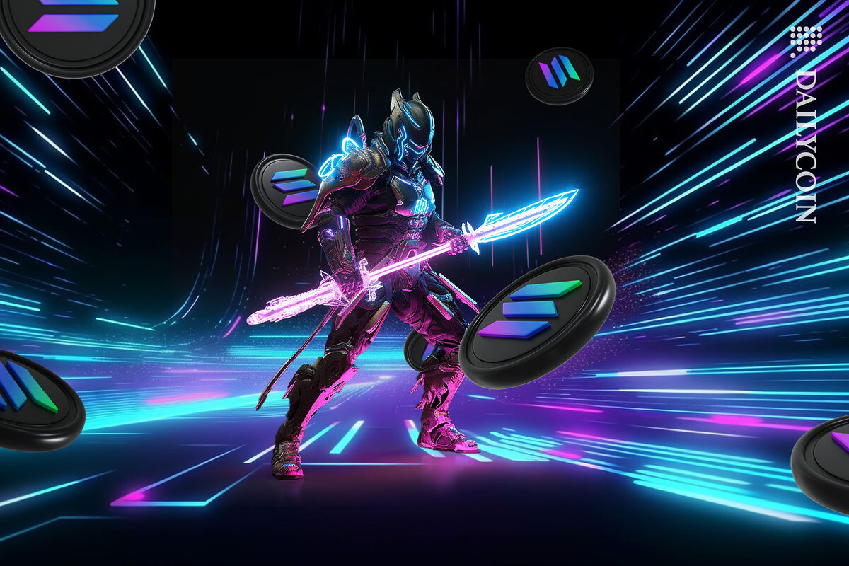 Masked and armed character in the blockchain land of Solana.