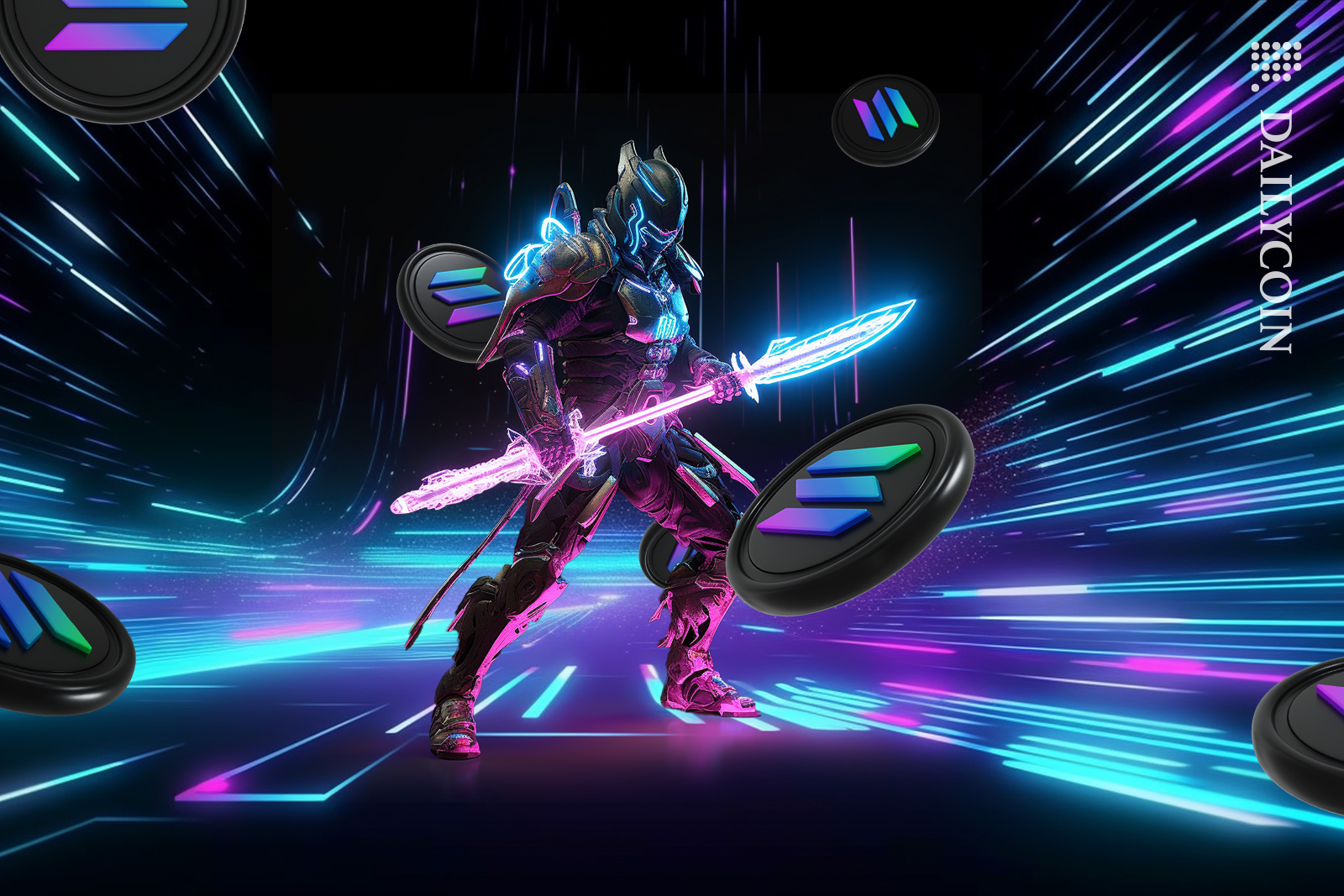 Masked and armed character in the blockchain land of Solana.