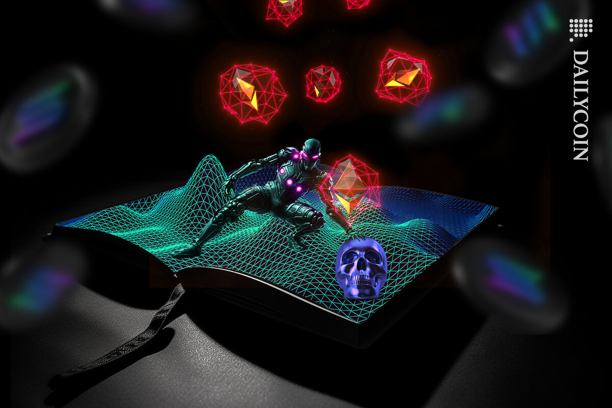 An open book showing the digital story of a solana killer, He is touching a skull whilst defi soul bubbles leaves the scull, killing ETH. Solana coins are going up.